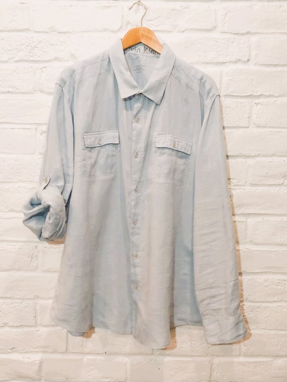 Calvin Klein 100% Linen Button Up Shirt Mens XXL Light Blue Roll Tab Long Sleeve